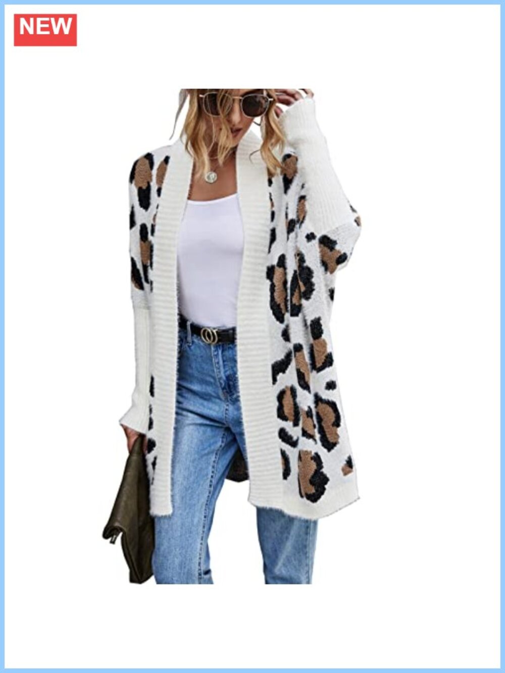 Acrylic Open Front Leopard Print Fuzzy Knitted Cardigan Sweater Coat Casual